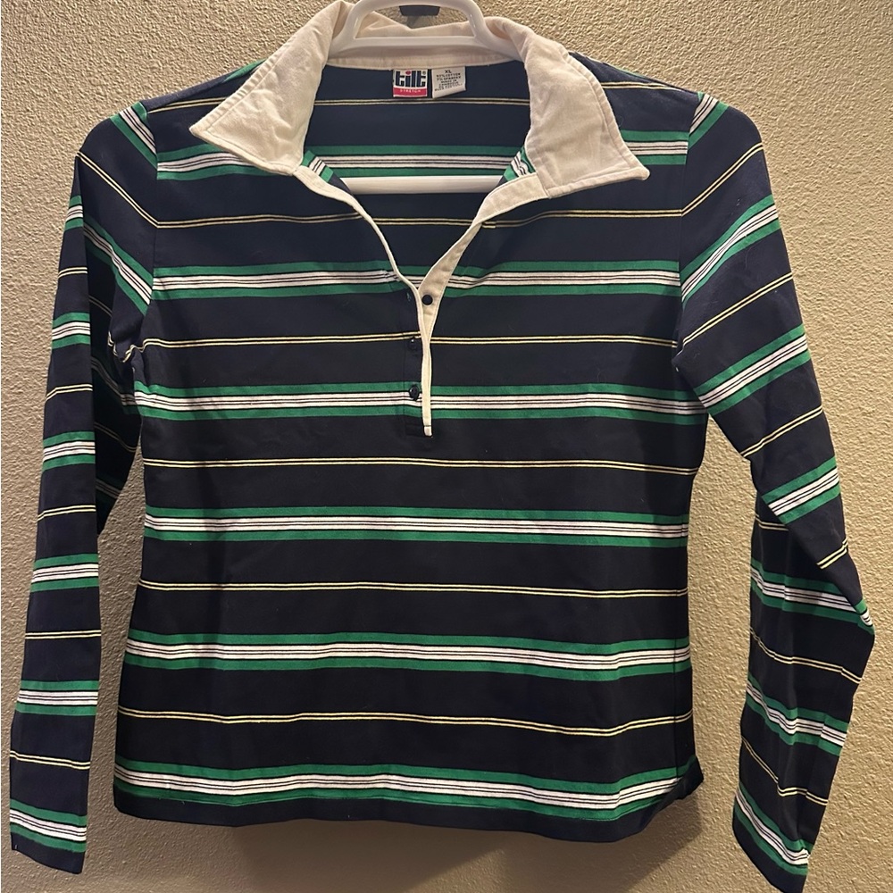 TILT Navy Rugby Polo with Green and White Stripes